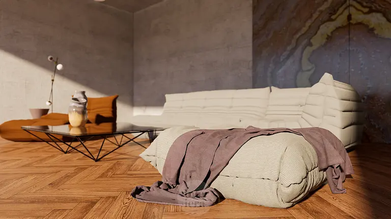 Wnętrze salonu z minimalistycznym designem, beżowe meble i drewniana podłoga, styl minimaluxe.