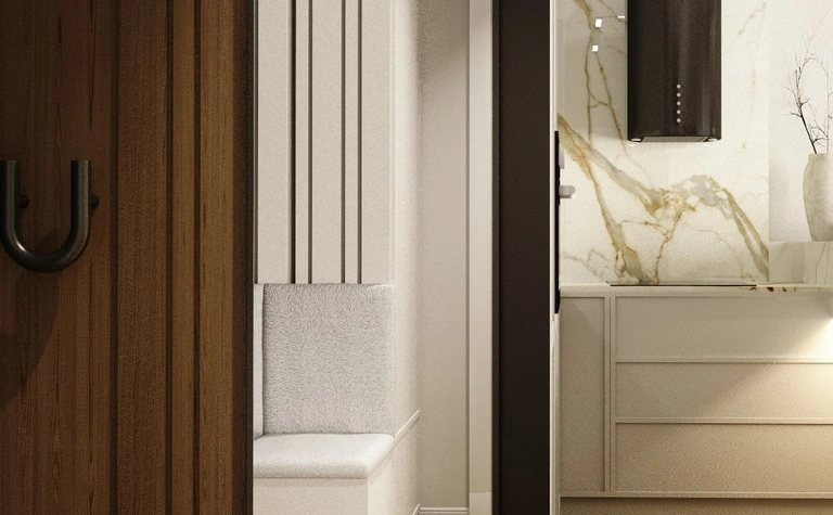 Wnętrze nowoczesnego przedpokoju z drewnianą ścianą i białą ławką.