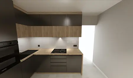 Współczesna kuchnia z ciemnymi meblami i drewnianym blatem.