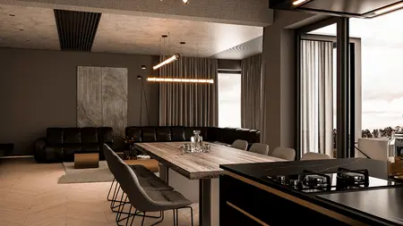Wnętrze salonu z minimalistycznym designem, nowoczesne meble.