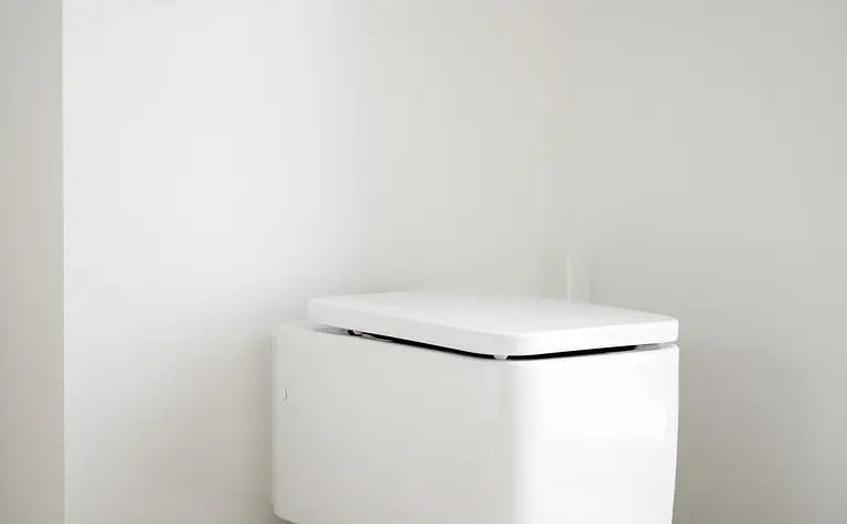 Minimalistyczna łazienka z nowoczesną toaletą i ścianami w kolorze białym.