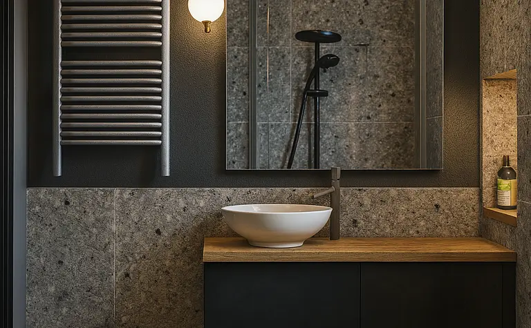 Nowoczesna łazienka z minimalistycznym designem, industrialne elementy, soft minimalizm