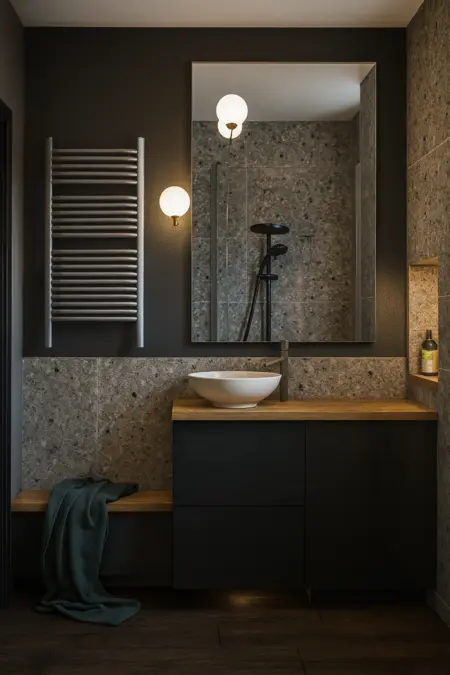 Nowoczesna łazienka z minimalistycznym designem, industrialne elementy, soft minimalizm