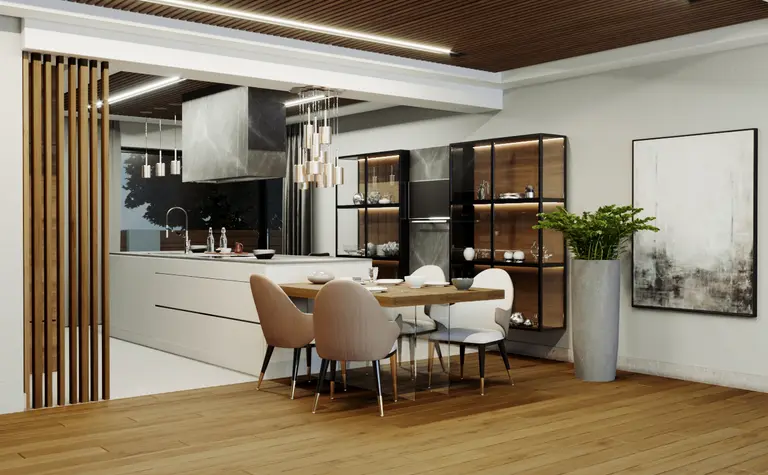 Nowoczesna kuchnia z drewnianym stołem, białymi meblami i rośliną, styl quiet luxury.