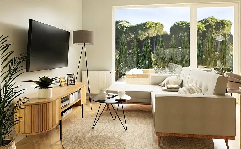Wnętrze salonu w stylu boho, japandi, minimalistycznym, nowoczesnym, współczesnym z roślinami.