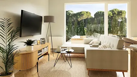 Wnętrze salonu w stylu boho, japandi, minimalistycznym, nowoczesnym, współczesnym z roślinami.