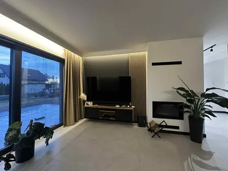 Wnętrze salonu z telewizorem, roślinami i nowoczesnym kominkiem, styl industrialny