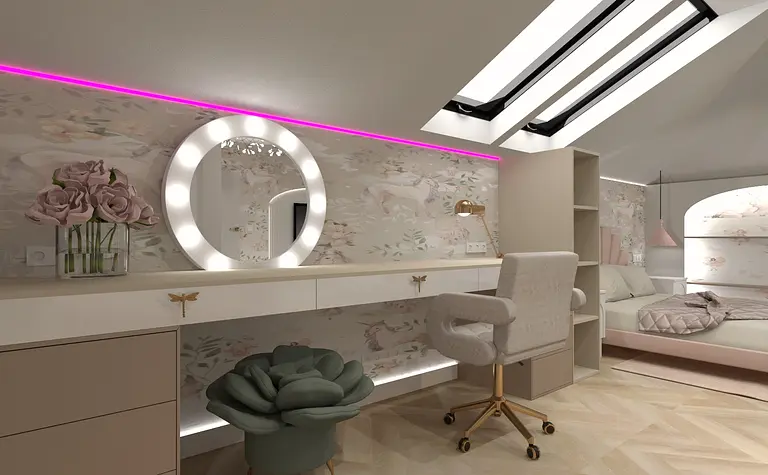 Wnętrze pokoju z biurkiem, lustrem i różowymi akcentami, w stylu glamour i nowoczesnym.