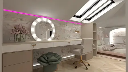 Wnętrze pokoju z biurkiem, lustrem i różowymi akcentami, w stylu glamour i nowoczesnym.