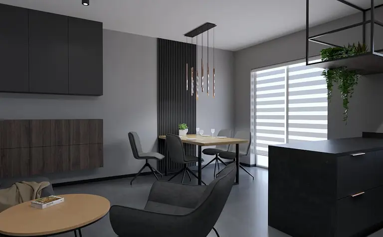 Wnętrze jadalni w stylu industrialnym, minimalistycznym, nowoczesnym z drewnianym stołem.
