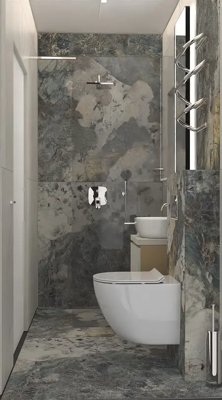 Wnętrze łazienki w stylu dopamine decor oraz minimalistycznym z kamiennymi elementami.