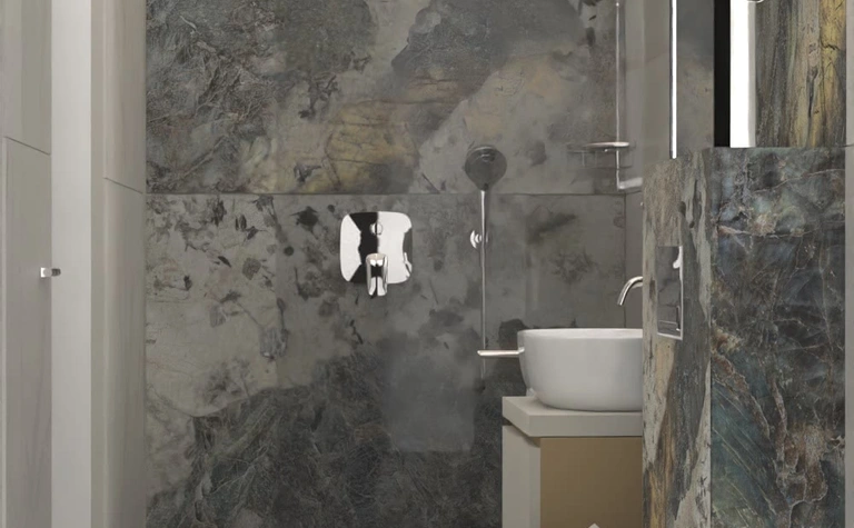Wnętrze łazienki w stylu dopamine decor oraz minimalistycznym z kamiennymi elementami.