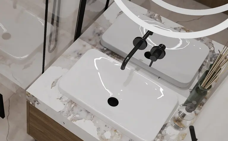 Nowoczesna łazienka z białymi umywalkami i drewnianymi detalami w stylu soft minimalizm.