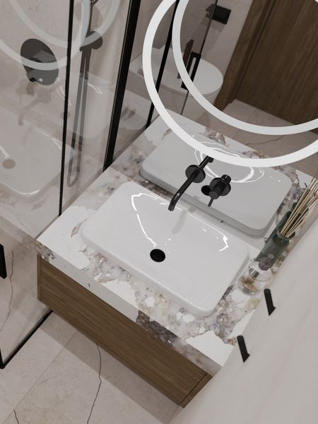 Nowoczesna łazienka z białymi umywalkami i drewnianymi detalami w stylu soft minimalizm.