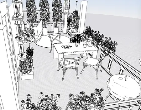 Balkon z roślinami, drewnianym stołem i krzesłami w stylu rustykalnym.