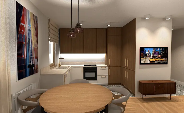 Współczesna kuchnia z drewnianymi meblami i okrągłym stołem, z telewizorem na ścianie