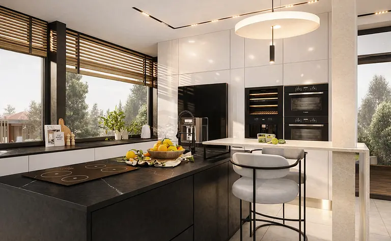 Wnętrze nowoczesnej kuchni z czarną wyspą, białymi meblami i dużymi oknami.