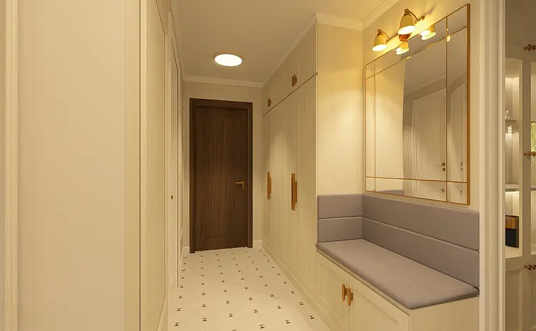 Przedpokój z beżowymi ścianami i drewnianymi akcentami, nowoczesny design