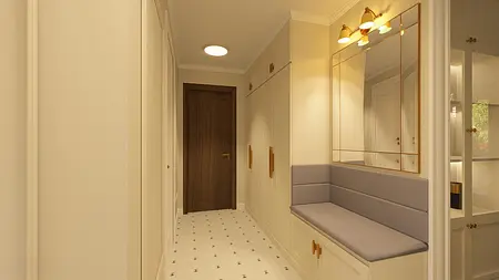 Przedpokój z beżowymi ścianami i drewnianymi akcentami, nowoczesny design