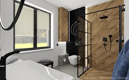 Wnętrze łazienki industrialnej z drewnianymi elementami i nowoczesnymi akcesoriami.