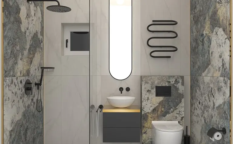 Wnętrze łazienki z szarymi płytkami, białą umywalką i akcesoriami w stylu dopamine decor, industrialnym, minimalistycznym.