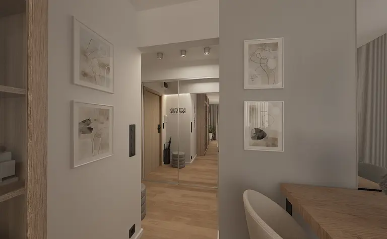 Przedpokój w stylu skandynawskim z drewnianą podłogą i lustrami.