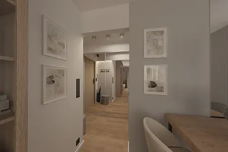 Przedpokój w stylu skandynawskim z drewnianą podłogą i lustrami.