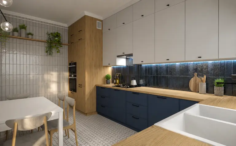 Kuchnia w stylu art deco i minimalistycznym z niebieskimi meblami i drewnianymi detalami