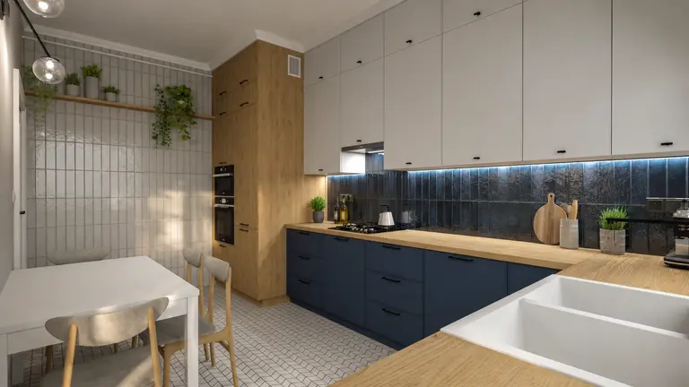 Kuchnia w stylu art deco i minimalistycznym z niebieskimi meblami i drewnianymi detalami
