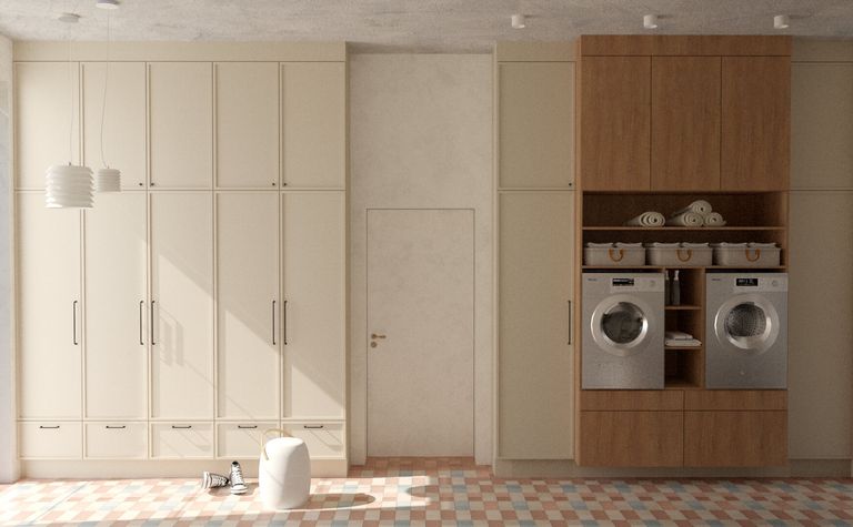 Pralnia w stylu quiet luxury i soft minimalizm z vintage dodatkami.