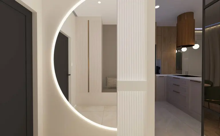 Przedpokój w stylu art deco, glamour, nowoczesnym z białymi ścianami i drewnianymi detalami