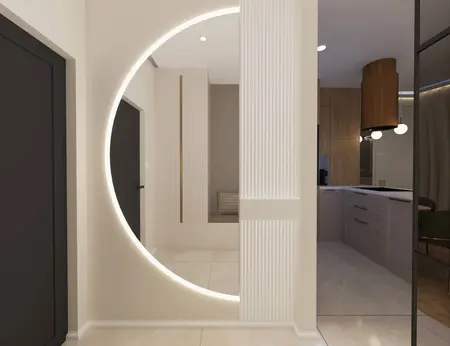 Przedpokój w stylu art deco, glamour, nowoczesnym z białymi ścianami i drewnianymi detalami