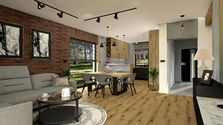 Wnętrze salonu industrialnego z ceglaną ścianą i drewnianym stołem