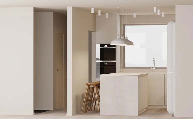 Kuchnia w stylu japandi i minimalistycznym z białymi meblami i brązowym blatem.