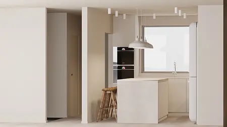 Kuchnia w stylu japandi i minimalistycznym z białymi meblami i brązowym blatem.