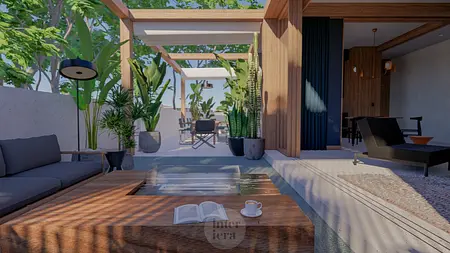 Eklektyczny taras z drewnianym stołem, roślinami i lampą.