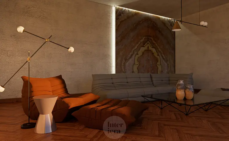 Wnętrze z brązowymi meblami, minimalistycznym designem, styl minimaluxe i quiet luxury.