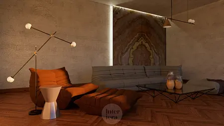 Wnętrze z brązowymi meblami, minimalistycznym designem, styl minimaluxe i quiet luxury.