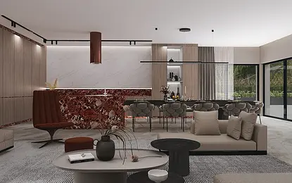 Wnętrze salonu w stylu glamour z nowoczesnym wystrojem i quiet luxury.