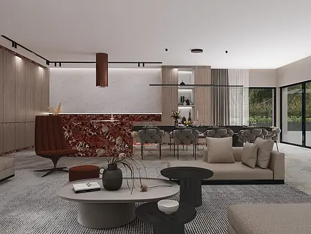 Wnętrze salonu w stylu glamour z nowoczesnym wystrojem i quiet luxury.