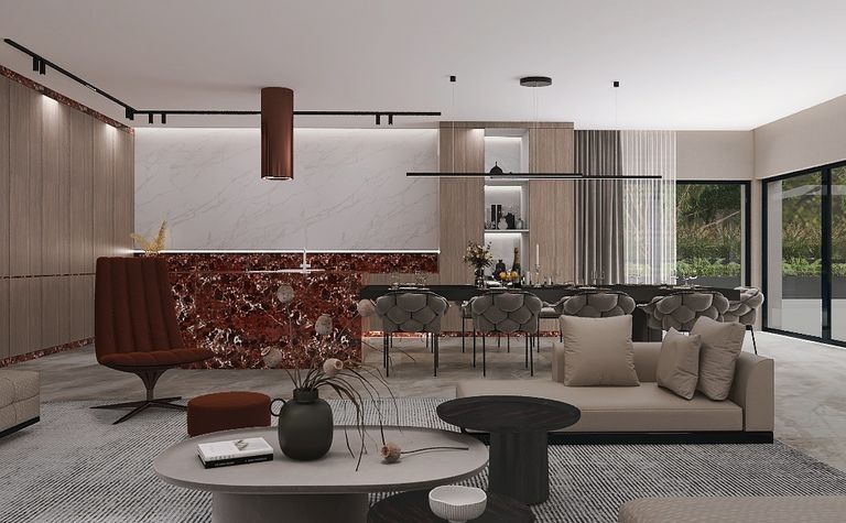 Wnętrze salonu w stylu glamour z nowoczesnym wystrojem i quiet luxury.