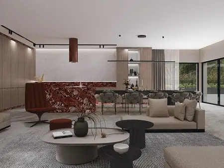 Wnętrze salonu w stylu glamour z nowoczesnym wystrojem i quiet luxury.