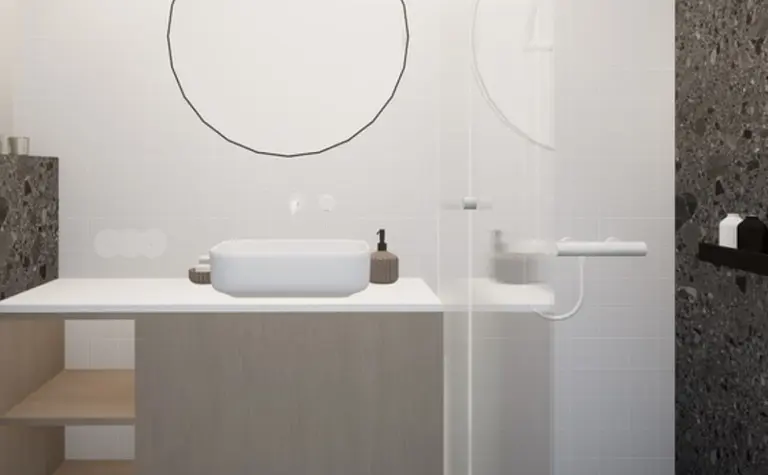 Nowoczesna łazienka eklektyczna z industrialnymi akcentami, minimalistycznymi meblami i vintage dodatkami.