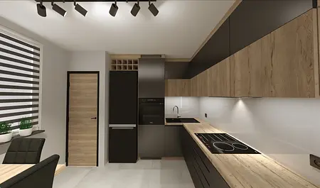 Nowoczesna kuchnia z drewnianymi meblami i czarnymi detalami.