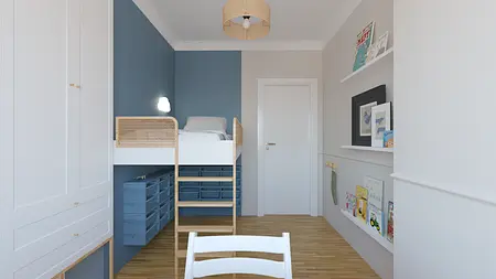 Pokój dziecięcy w stylu boho, minimalistycznym i skandynawskim z łóżkiem i regałem.
