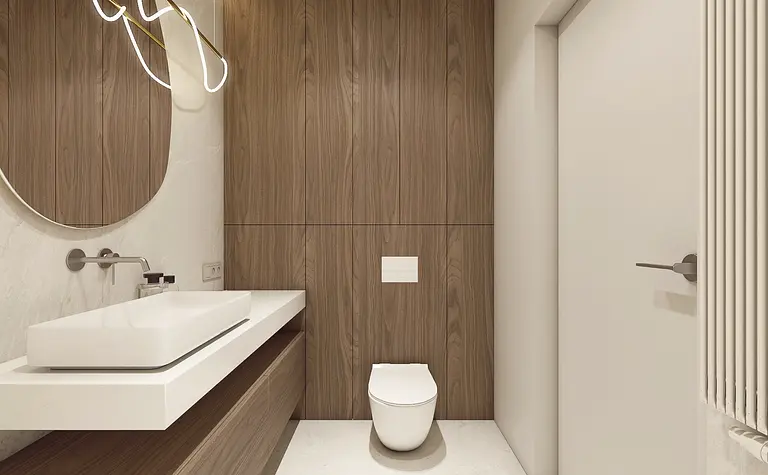 Wnętrze łazienki z drewnianymi panelami i minimalistycznym designem w stylu japandi.