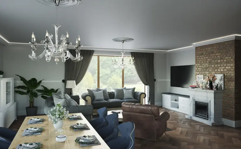 Wnętrze salonu w stylu tradycyjnym z brązowym kominkiem i szarymi ścianami.