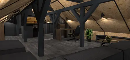Wnętrze poddasza z industrialnym i minimalistycznym designem, biurkiem i rośliną.