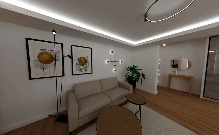 Wnętrze nowoczesnego salonu z beżową sofą, lampą i rośliną.