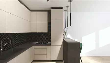 Wnętrze kuchni z jasnymi meblami, czarnym blatem i nowoczesnymi lampami.